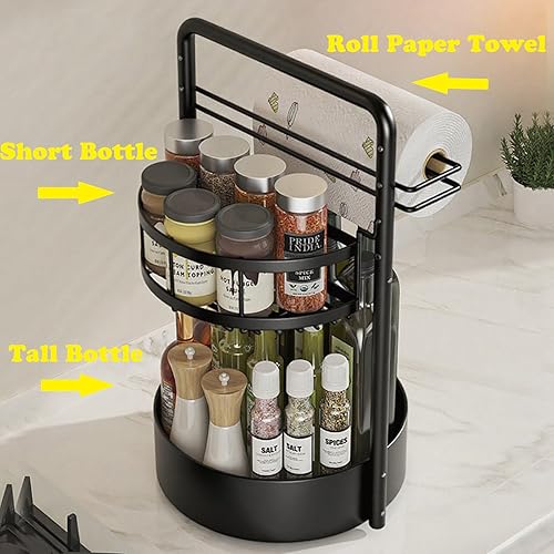 Miniatura 4 de Organizador de especias giratorio de 2 niveles con soporte para toallas de papel, organizador Lazy Susan para condimentos, botellas, tarros, soporte