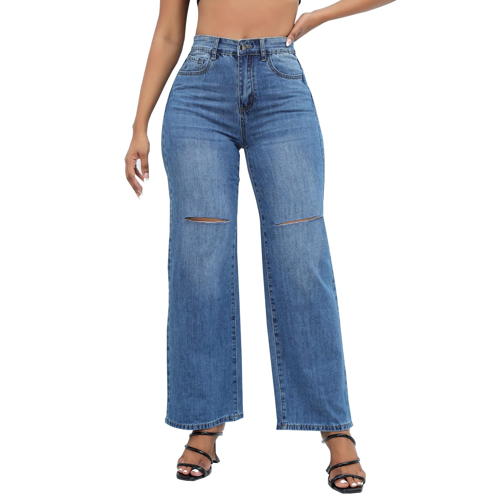 LONGBIDA Womens High Waist Ripped Straight Wide Leg Baggy Jeans Y2k Boyfriend Distressed Loose Denim Pants