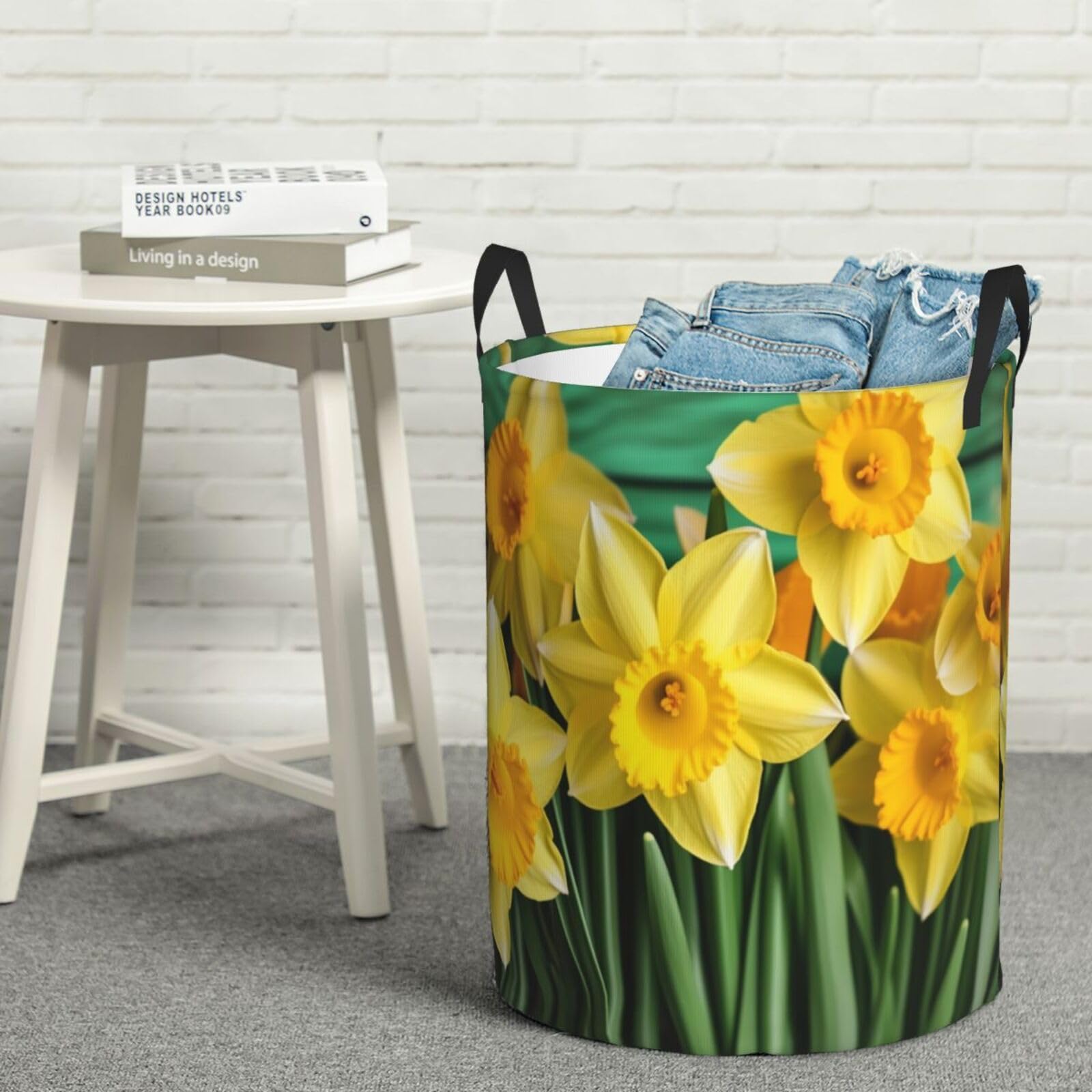 Fodpand Black Yellow Daffodils Flowers Laundry Basket With Handle, Freestanding Laundry Hamper, Collapsible Dirty Clothes Hamper, Waterproof Fabric Blanket Storage Basket Tall Toy Storage Bin Room Decor Medium