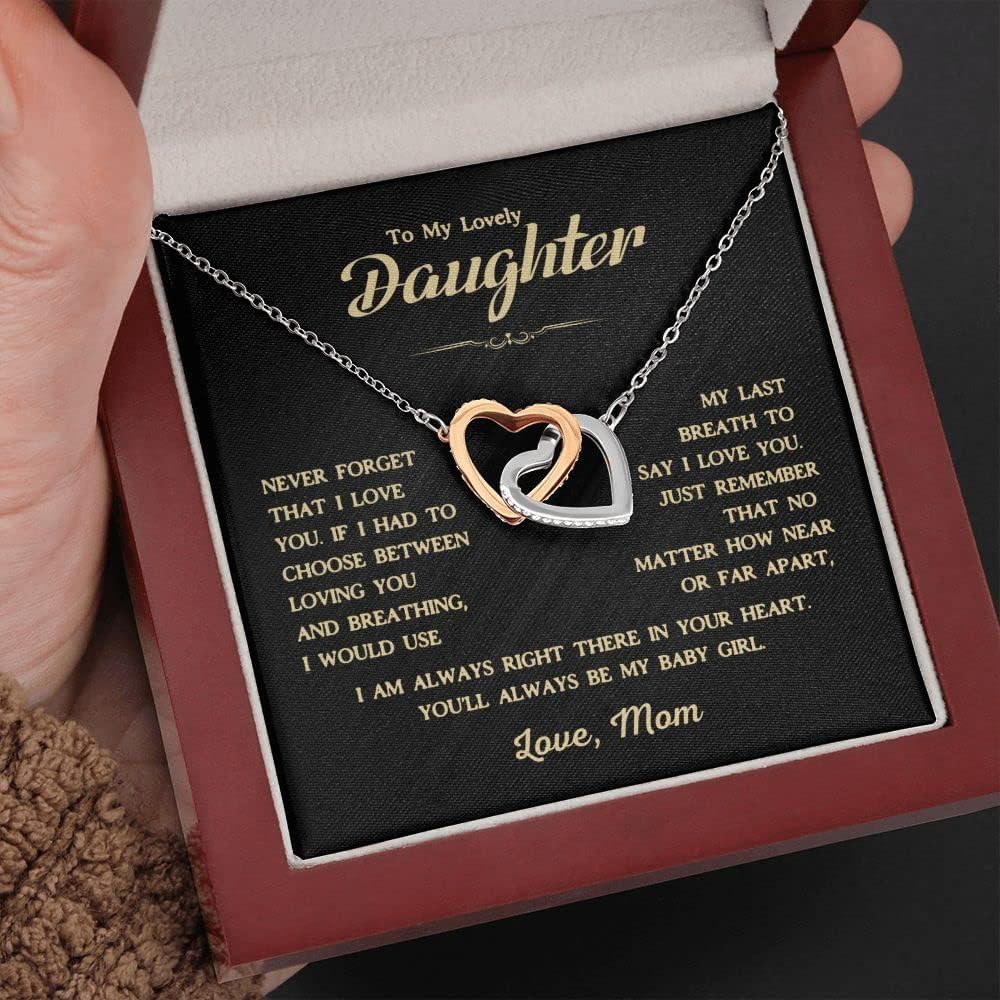Custom Heart Necklace For Daughters from Father Mother, Personalized Jewelry Birthday Gift, Beautiful Pendant to Women Girls, Christmas Daughter Love Necklaces Gifts From Mom Mum Dad to Girl (Interlocking Heart, Luxury Box with LED)