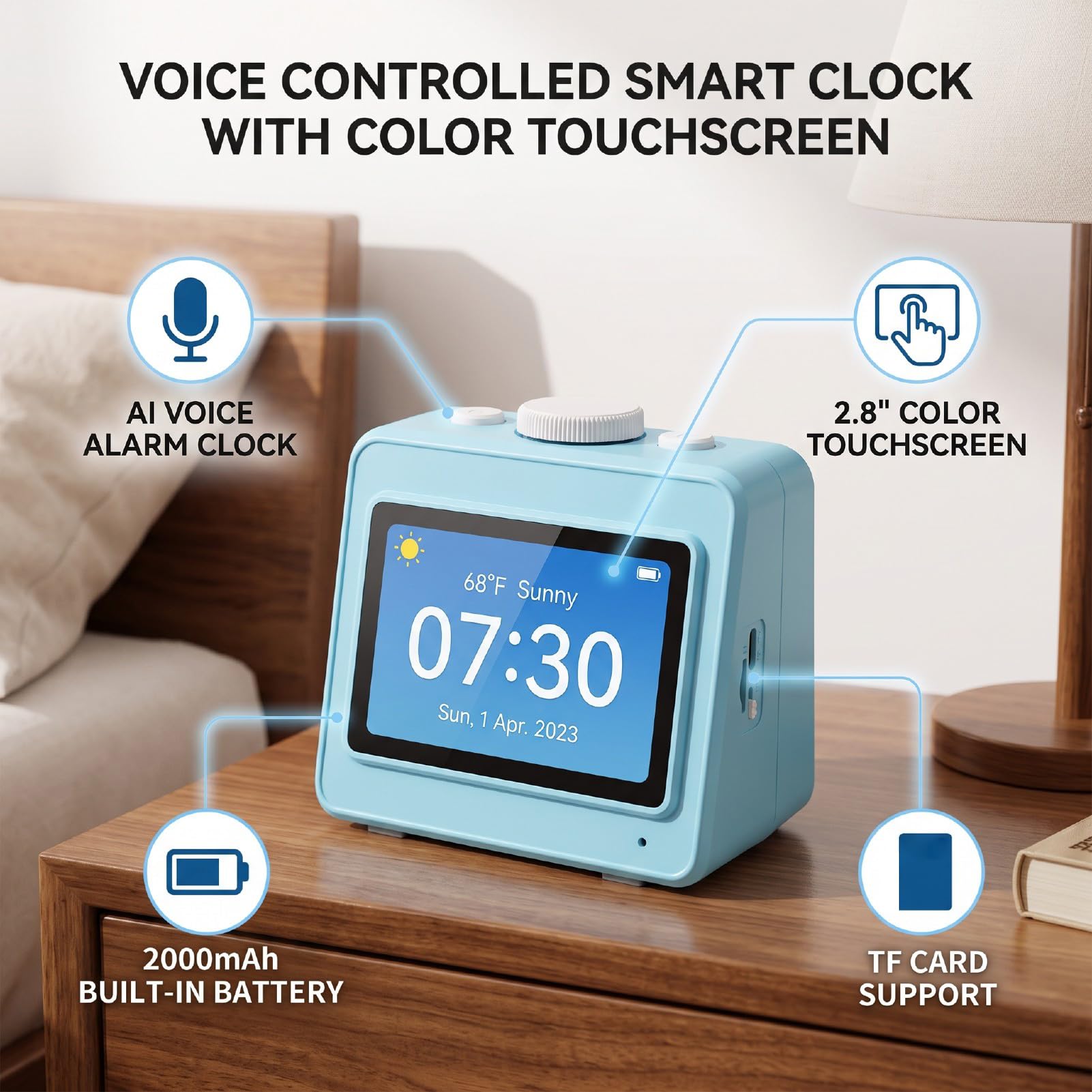 Reloj Despertador Inteligente, Control por Voz Ai, Pantalla