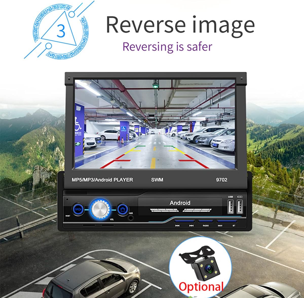 Car radio screen showing a clear rear view camera feed of a parking lot with parking lines, indicating the reverse image function.