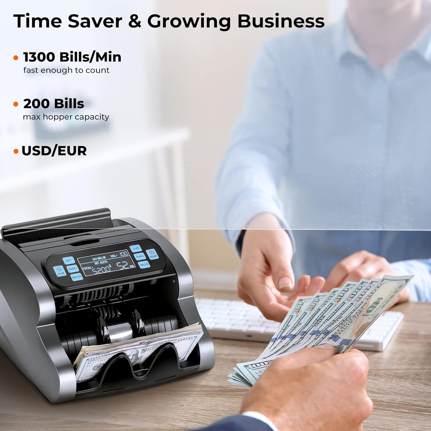 MUNBYN IMC07 Money Counter Machine Count Value, UV/MG/IR/MT/DD, USD/EUR Bill Counter, 1300 Bills/min, Add+Batch Mode Money Counter, LCD Display, 2 Years Warranty - Image 9