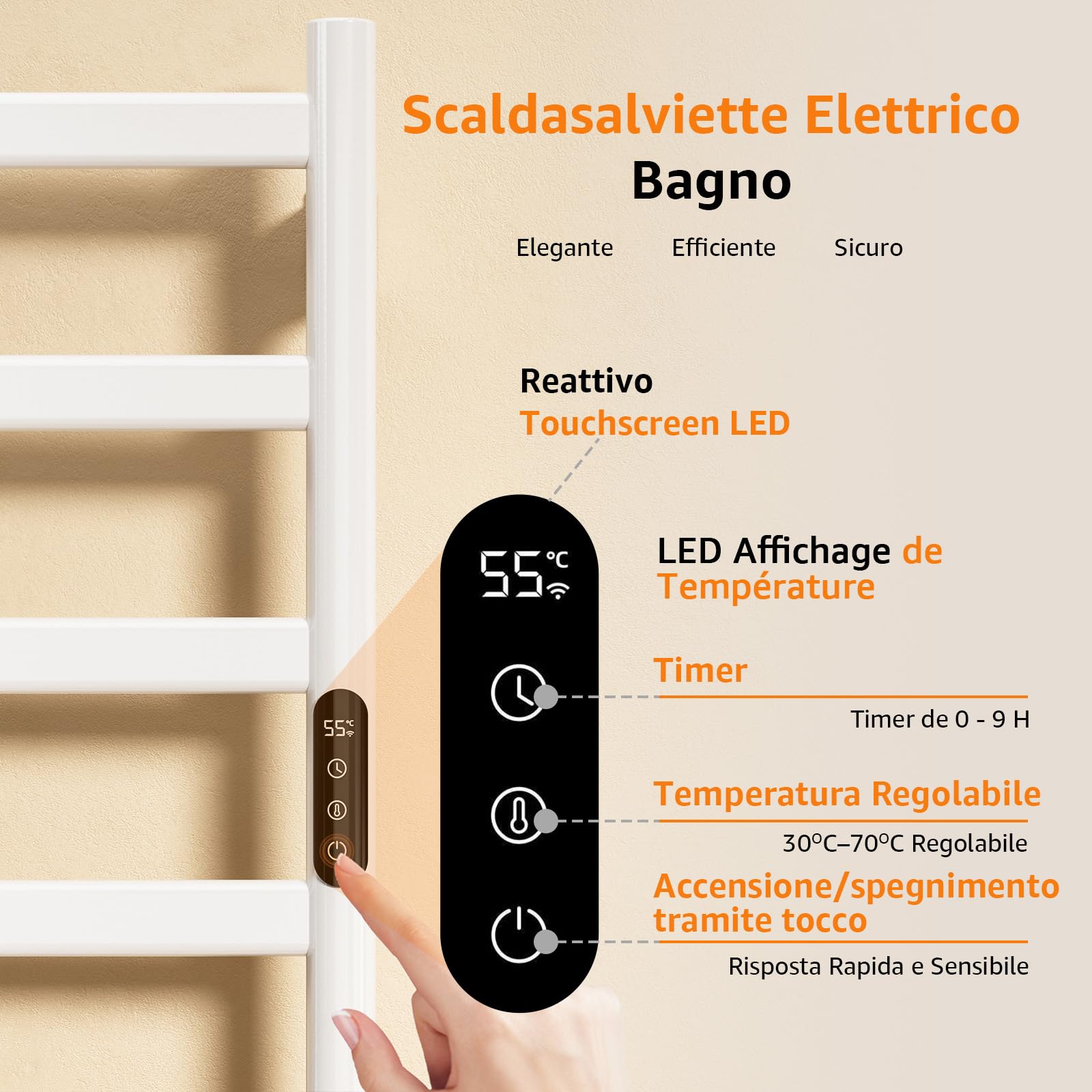 Scaldasalviette Elettrico Bagno, 700 x 500mm 175W Termoarredo Elettrico Bagno con LED Touch Screen, 0-9h Timer e 30-70℃ Temperatura, IPX4 Termoarredo Elettrico da Parete, Bianco