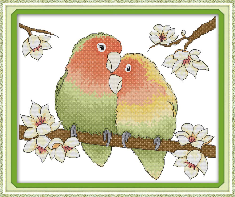 Joy SundayCross Stitch Stamped Kits Pre-Printed Cross-Stitching Starter Patterns for Beginner Kids or Adults, Embroidery Needlepoint Kits A Pair of Loving Parrots