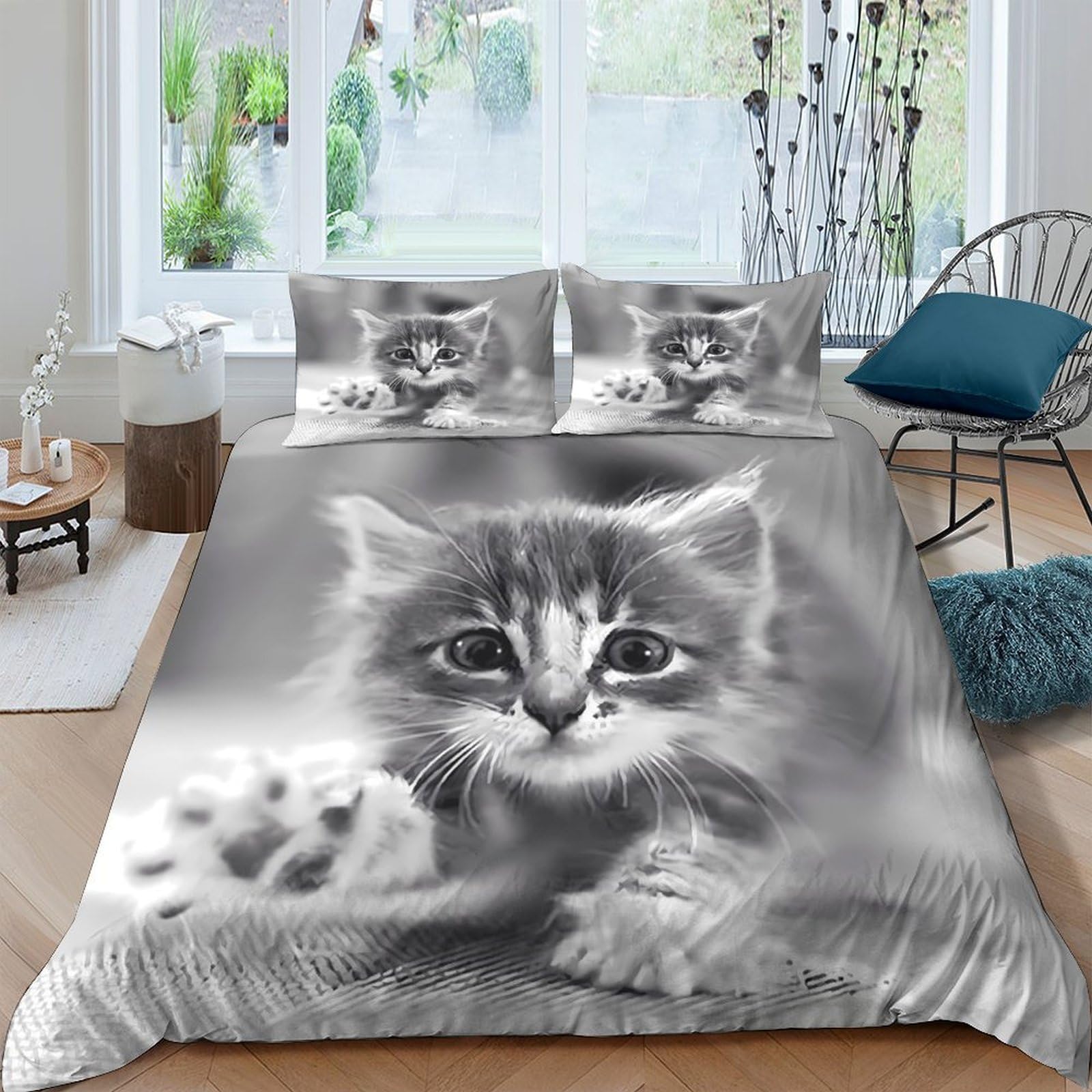 GPLZQXKJNH 3D Printed Kitten Cat Duvet Cover Microfiber Grey Animal Bedding Set with 2 Pillowcases for Bedroom Decor 120x200cm Single（135x200cm）