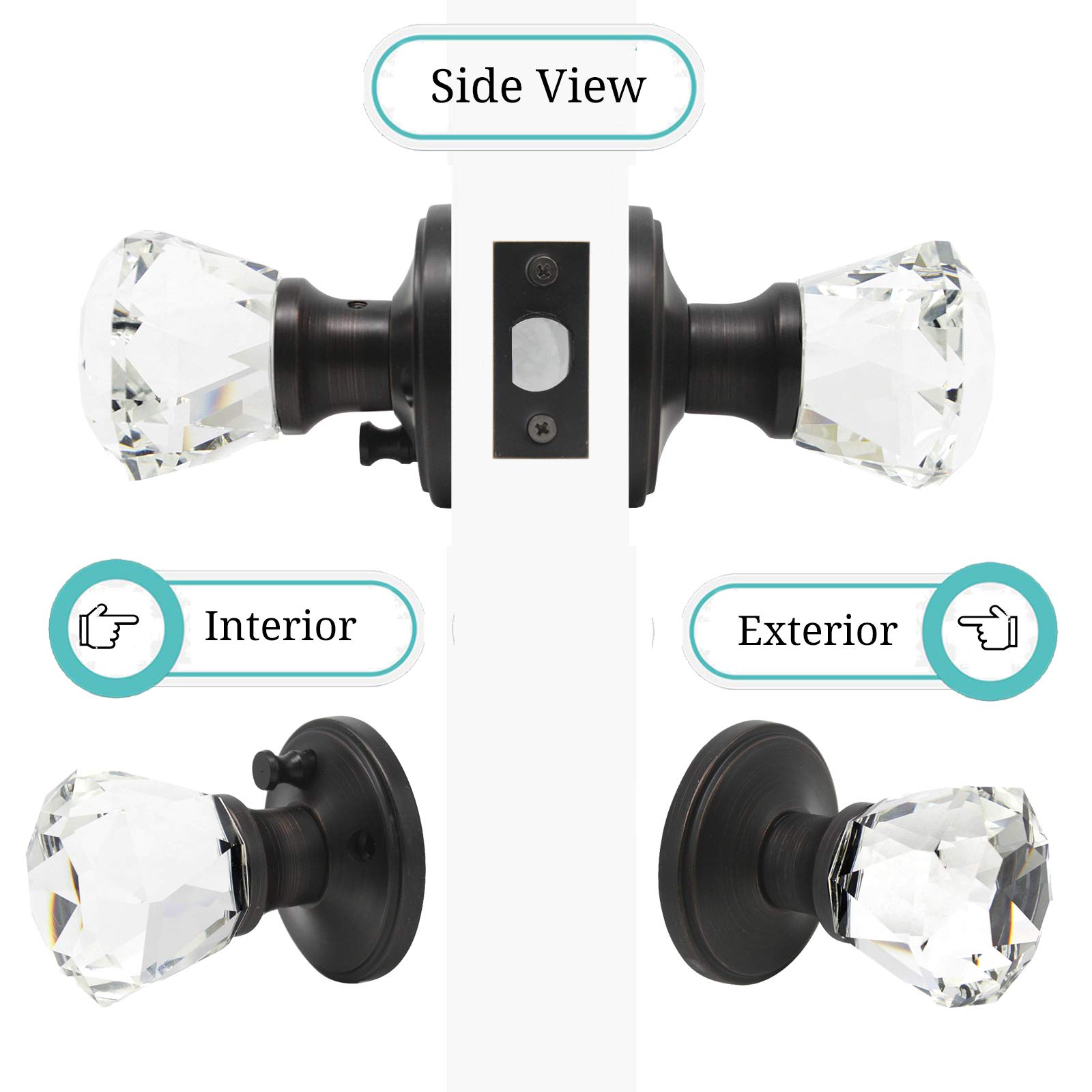 Goldentimehardware Interior Crystal Door Knob Privacy in Oil Rubbed Bronze Finish,Crystal Privacy Door Knobs for Bed/Bath,Diamond Shape Door Handle with Lock,Classic Rosette,Venus Collection