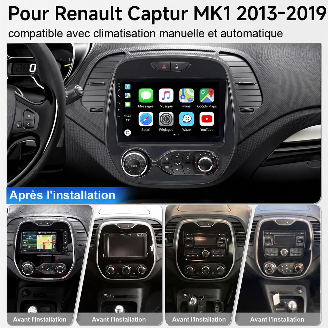 8 cœurs Autoradio pour Renault Captur MK1 2013-2019 4+64GB | écran Tactile 9 Pouces, Android 15, stéréo, CarPlay, Android Auto, Navigation, Bluetooth 5.4, Wi-FI, DSP, GPS