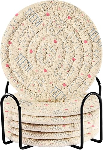 innewgogo Teeth 6 Pcs Absorbent Drink Coasters for Tabletop Protection Handmade Round Woven Coaster with Holder & Heat Water Resistant Bulk Cup