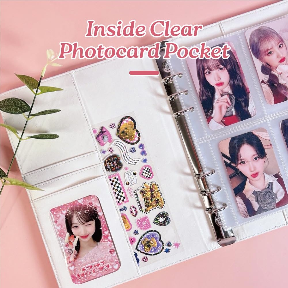 Carpeta A5 Kpop para tarjetas fotográficas con 240 bolsillos, álbum para tarjetas fotográficas con 30 fundas de doble cara para tarjetas fotográficas, 6 anillas de piel sintética, bonito libro