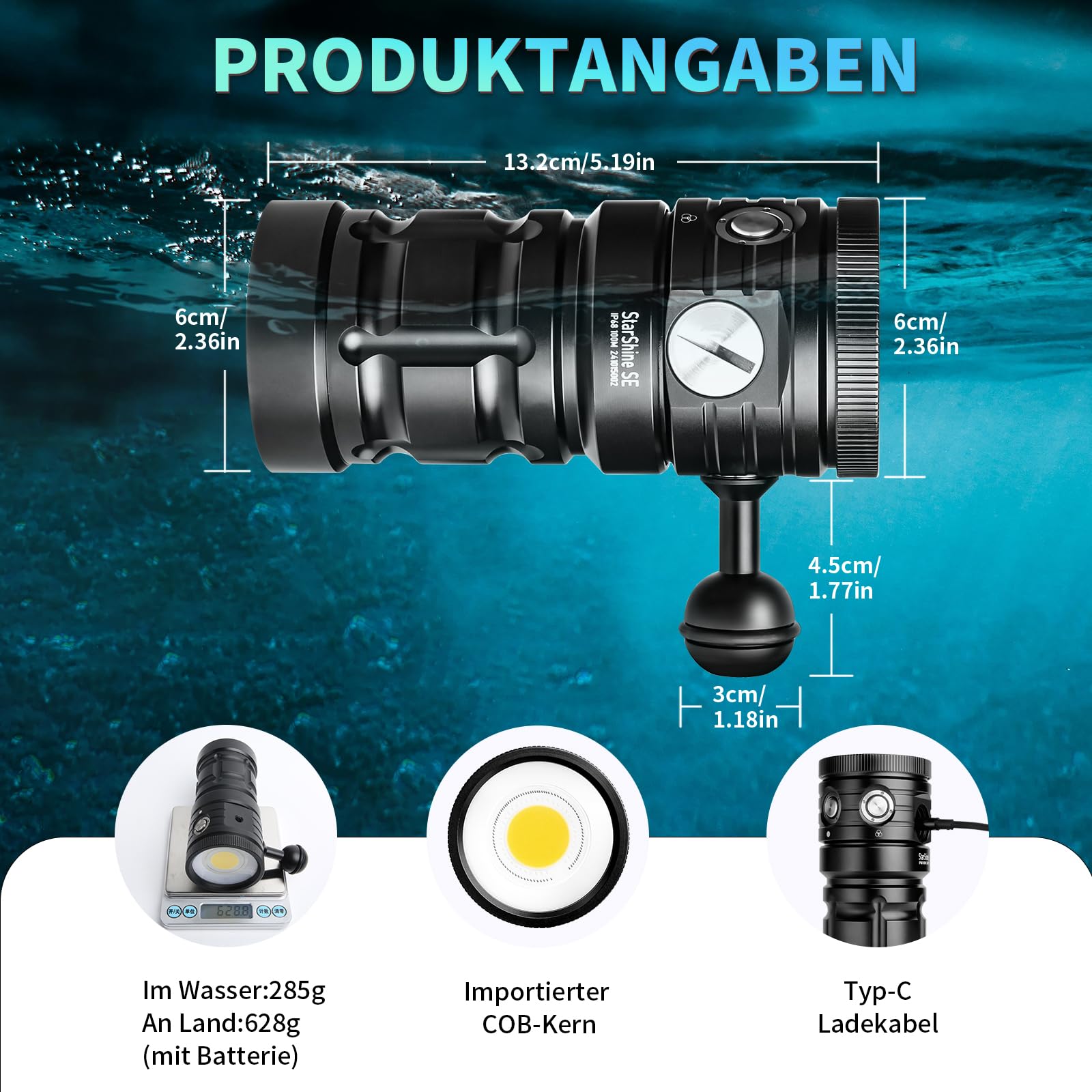 SE 8500 Lumens Tauchlampe - Professionelle Unterwasser-Videoleuchte mit 92 CRI, 5200K Weißes Licht, USB-C Aufladbar, für Tauchen/Unterwasserfotografie (IP68 Wasserdicht, 100m Tiefe)