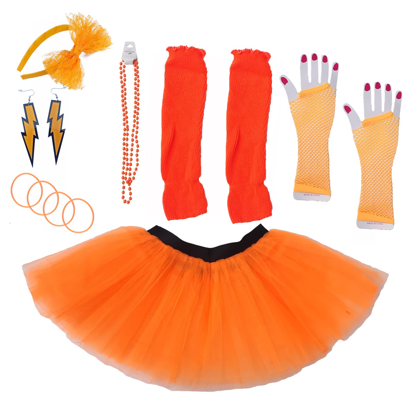 Dreamdanceworks80s Fancy Costume Set - TUTU & LEG WARMERS & FISHNET GLOVES & BEADS (Orange) OneSize