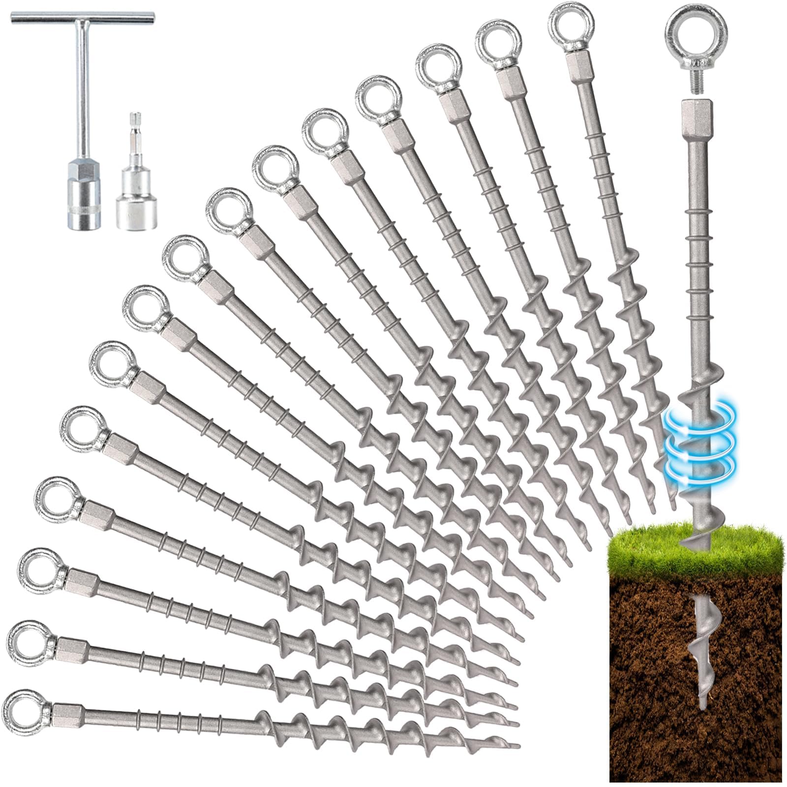 Bodenanker, 35,6 cm, rostfreier Aluminiumguss, abnehmbare Zeltheringe für Campingzelte, Sand, Trampolin, Schaukel-Sets und Schuppen (16 Packungen)