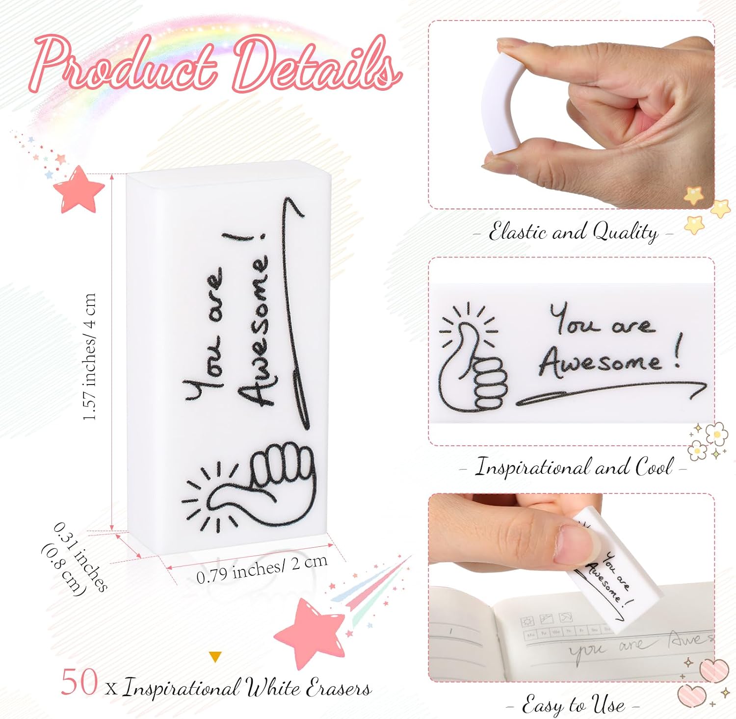Fuutreo 50 Pcs Inspirational Pencil Erasers Bulk Motivational Eraser Bulk for Kids You are Awesome White Cute Fun Erasers Christmas Classroom Office Gift for Coworkers Teachers Students