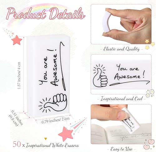 Vista 13 de Fuutreo 200 gomas de borrar inspiradoras para lápices, regalos a granel You are Awesome White Motivacional Fun Erasers para niños, estudiantes