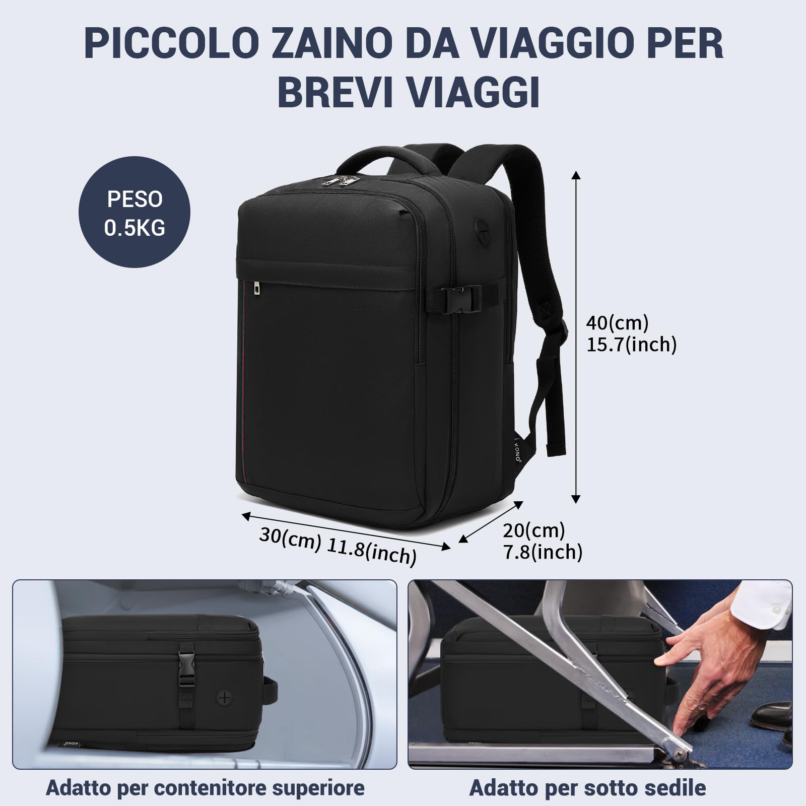 KONO Zaino 40x30x20cm Zaino da Viaggio per Ryanair Aereo Bagaglio a Mano 24L per Wizzair per Uomo e Donna,Nero