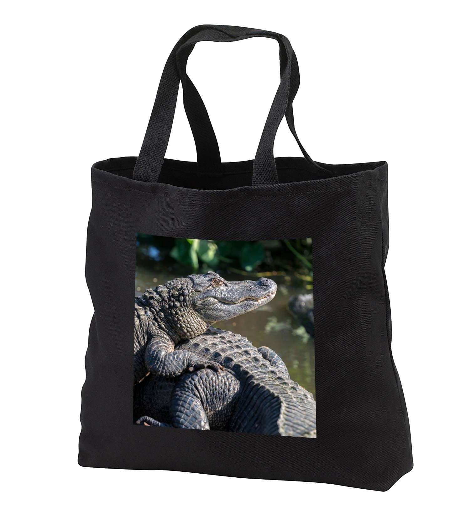 Black Tote Bag 14w x 14h x 3d - USA, Florida, Orlando, alligators basking in the sun. Alligators