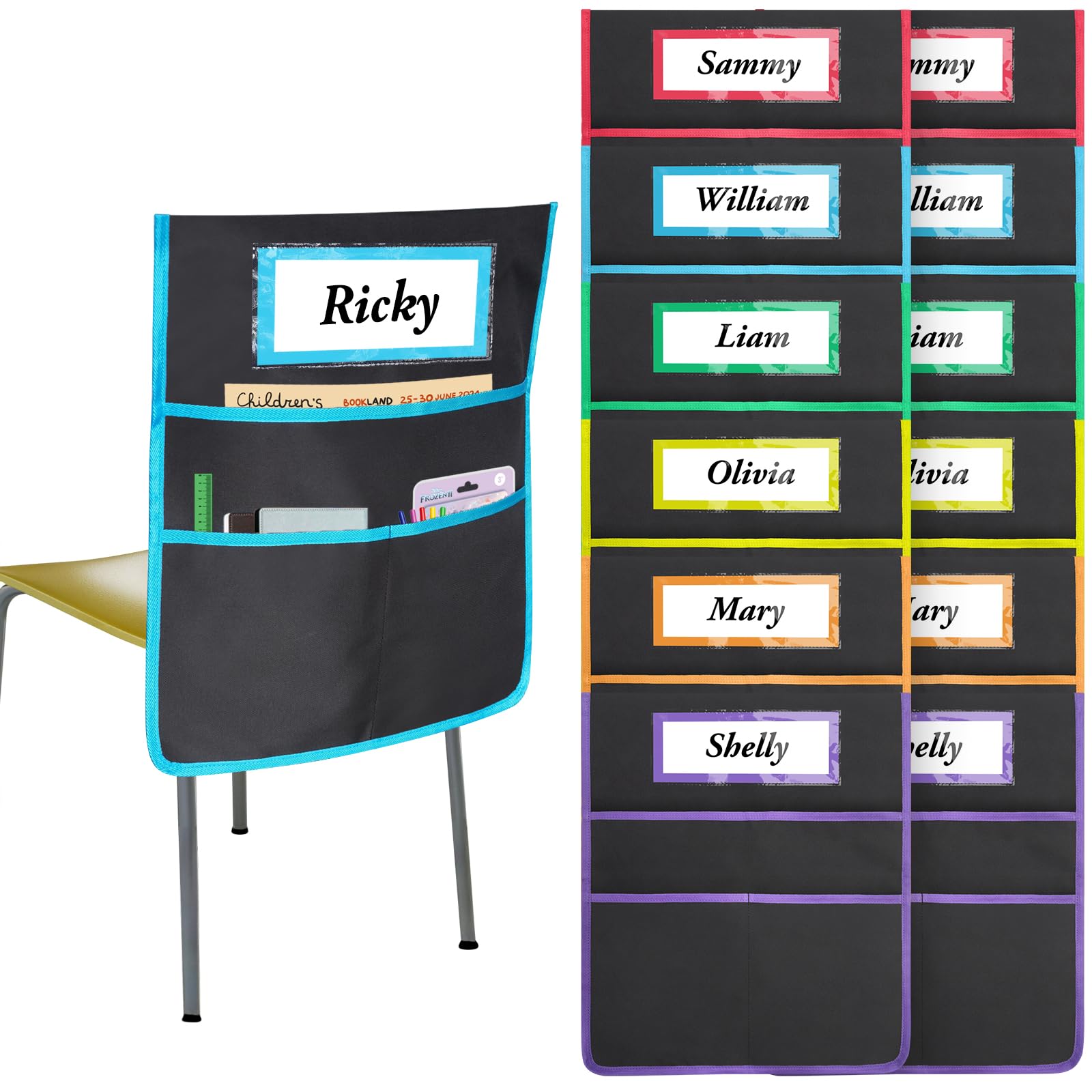 Photo 1 of 12 Pack Black Chair Pockets for Classrooms, Chair Pocket with 3 Heavy Duty Storage Pocket, Chair Back Buddy Pocket with Name Tag Slot, Ideal Back to School Supplies, Classroom Must Haves (Multicolor)