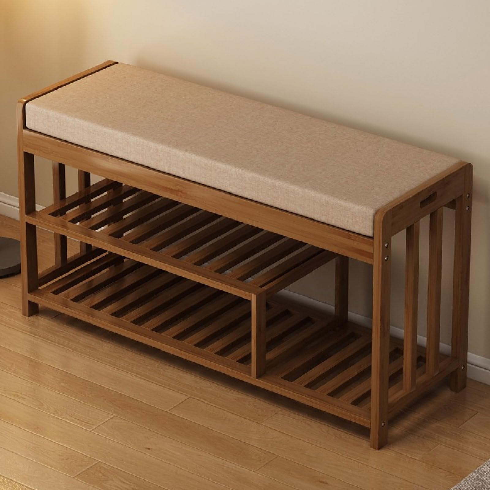 Banc à chaussures en bambou avec assise rembourrée et 2 niveaux de rangement