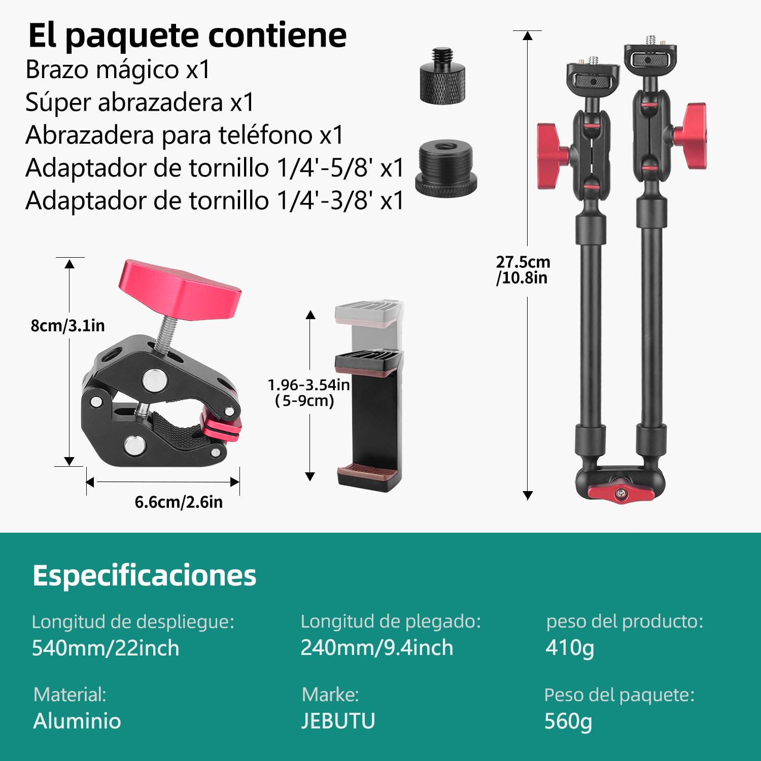 Brazo Mágico de 57 cm/22 con Superabrazadera, Montaje y Abrazadera Flexible de 360°, Soporte para Teléfono Móvil, Brazo Articulado con Rosca de 1/4 Pulgadas para Smartphone, Cámara de Acción