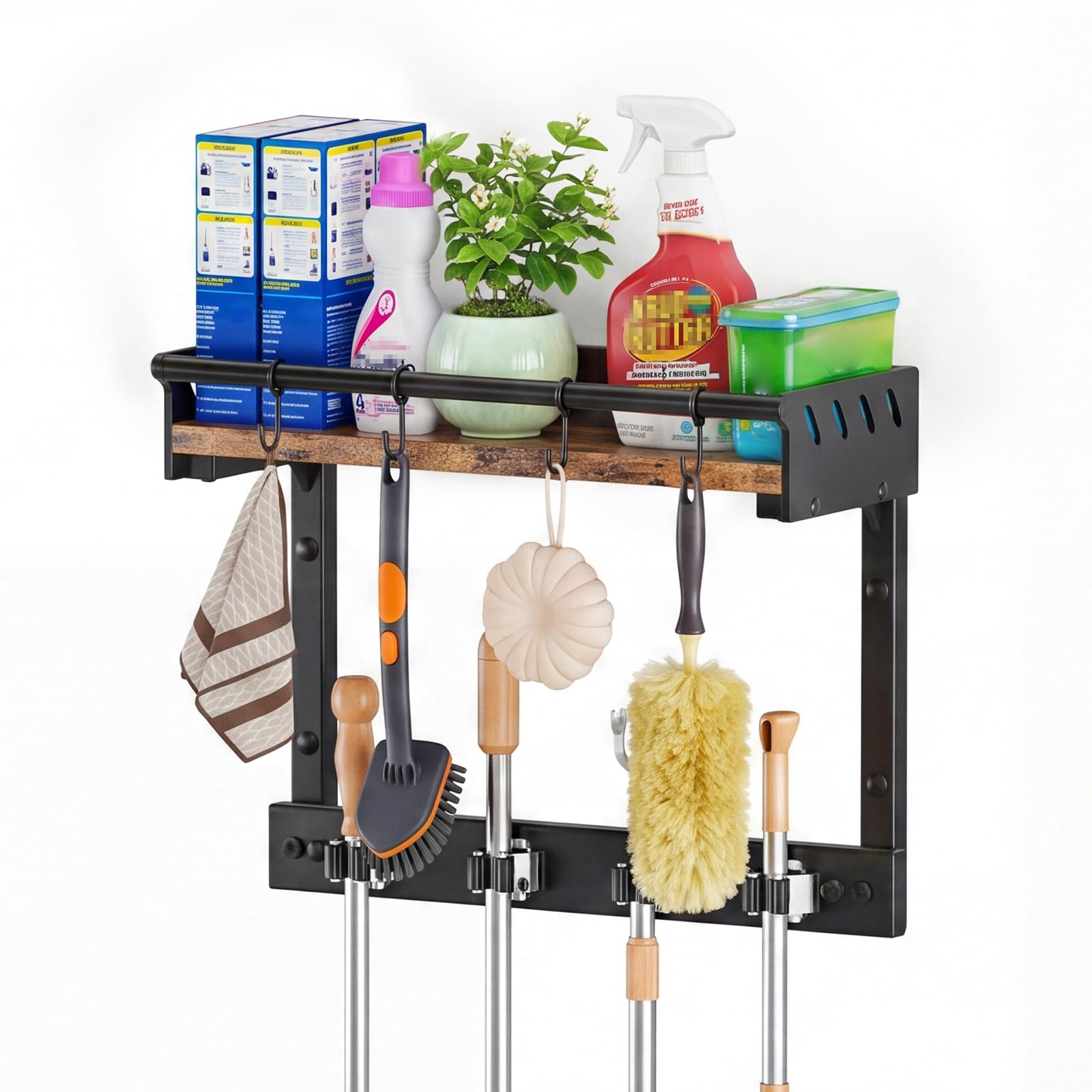 Broom & Mop Wall Mount with Shelf - Black -10