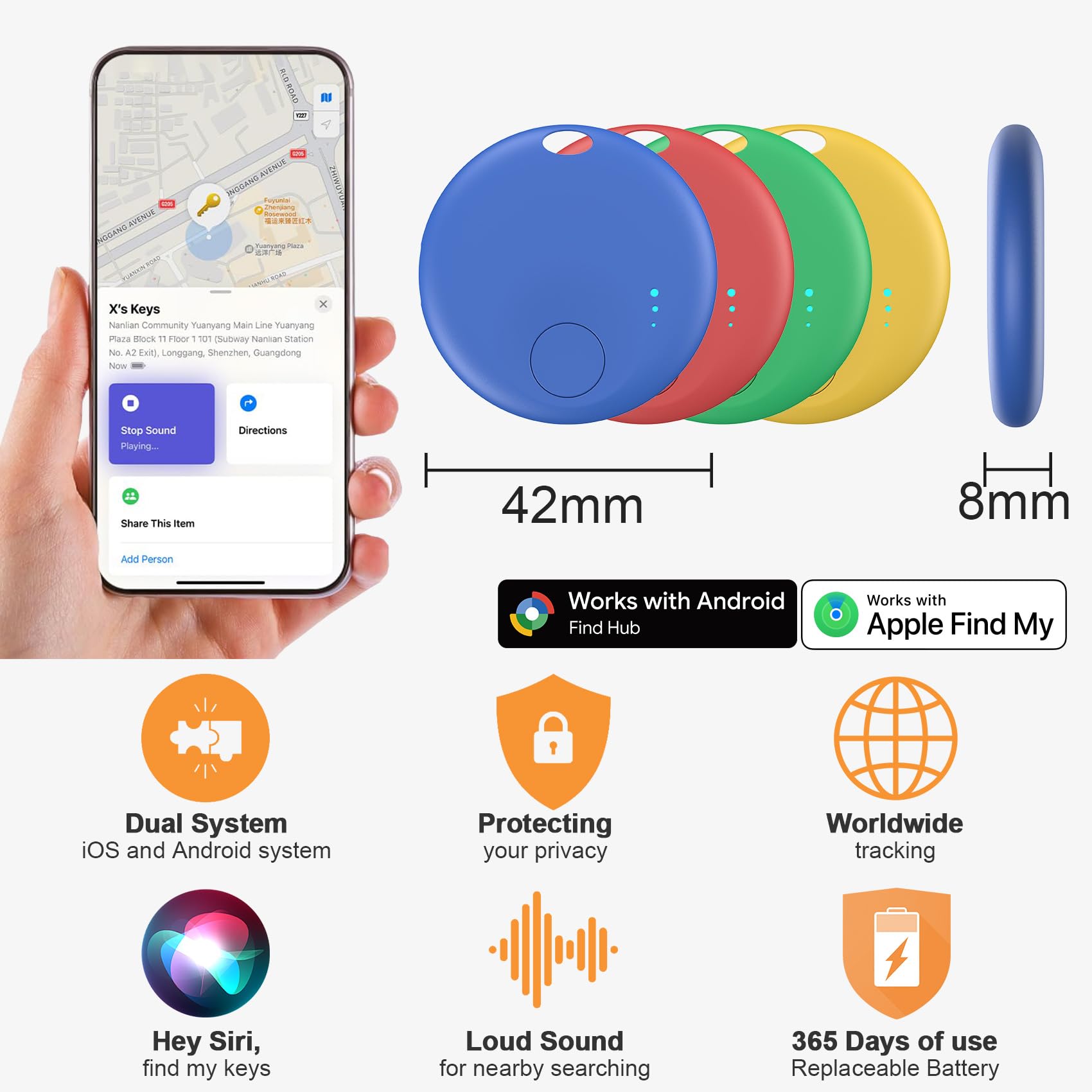 Air Tracker Android y iOS, Smart Tracker Localizador de Objetos Bluetooth, Compatible con Apple Buscar y Google Localizador, Localizador Bluetooth para Llaves, Cartera, Equipaje, Mochila (Multicolor)