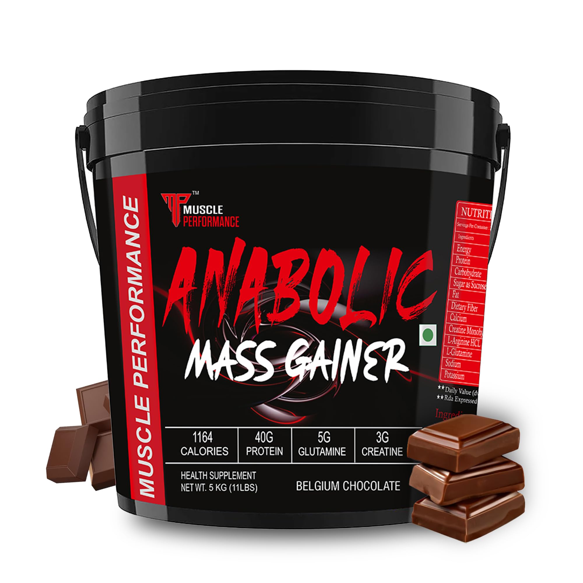 Muscle Performance Anabolic Mass Gainer, 5kg Belgium Chocolate, | 40g Protein, 1164 Calories, 3g Creatine, Added Vitamins, Probiotics & Enzymes, High Protein High Carbs