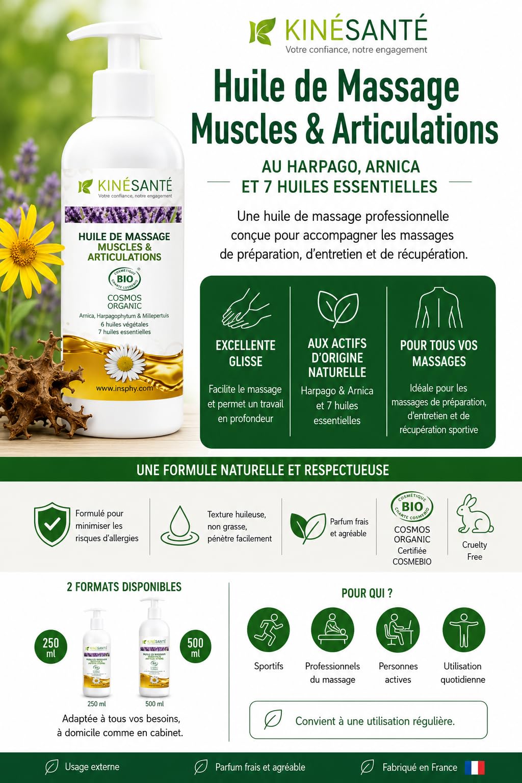Huile Harpago Arnica 500 ml – Huile de Massage Muscles et Articulations – Harpagophytum Arnica Huiles Essentielles – Après Sport – Certifiée Cosmos Organic