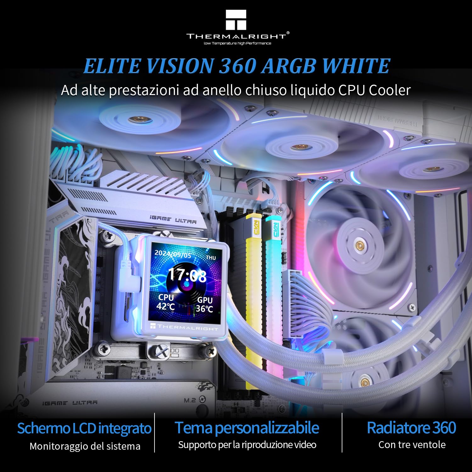 TR Elite Vision 360 ARGB Refroidisseur Liquide pour Processeur, Ventilateur PWM TL-K12W 2150 RPM, Écran LCD IPS 2,73 cm 320 x 320, Compatible AM5/Intel 1851/1700, Blanc