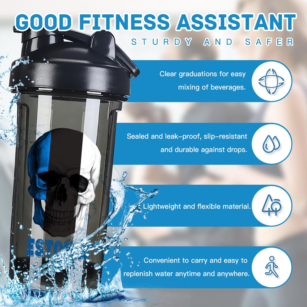 Skull Estonians Flag 18 Ounce Shaker Cup,Fashion Theme Pattern Shaker Bottle Leak-proof Workout Shake Bottles 500ML/18 oz Perfect for Pre Workout