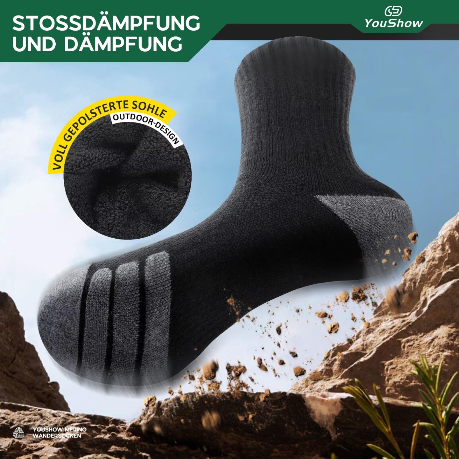 YouShow Calcetines de senderismo Merino 3 pares con acolchado antiburbujas