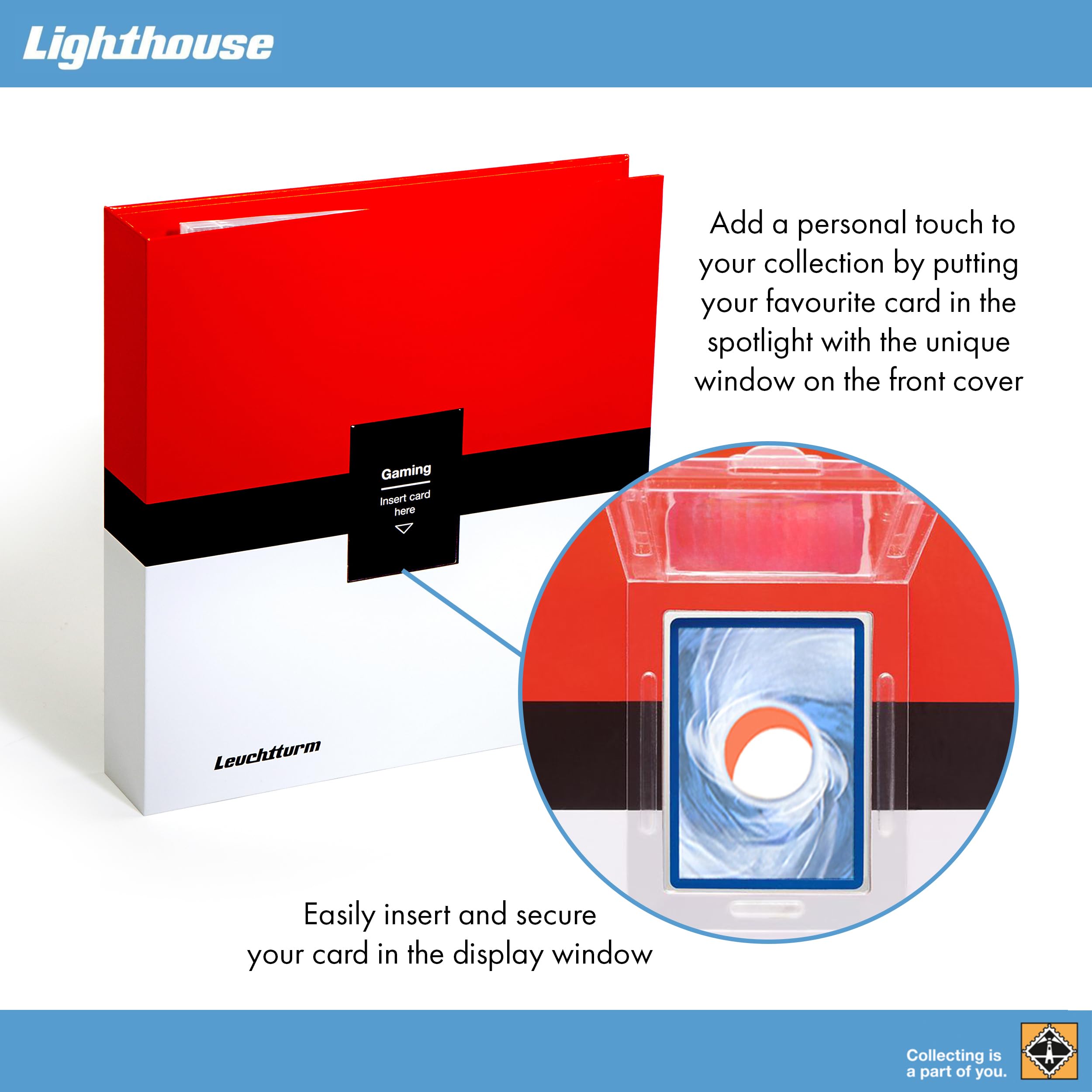 Amazon.com: LIGHTHOUSE- Trading Card Album PRO with Display Window -  Hardcover 3-Ring Binder with 30 Crystal Clear 3x3 Sheets for Trading Cards 
