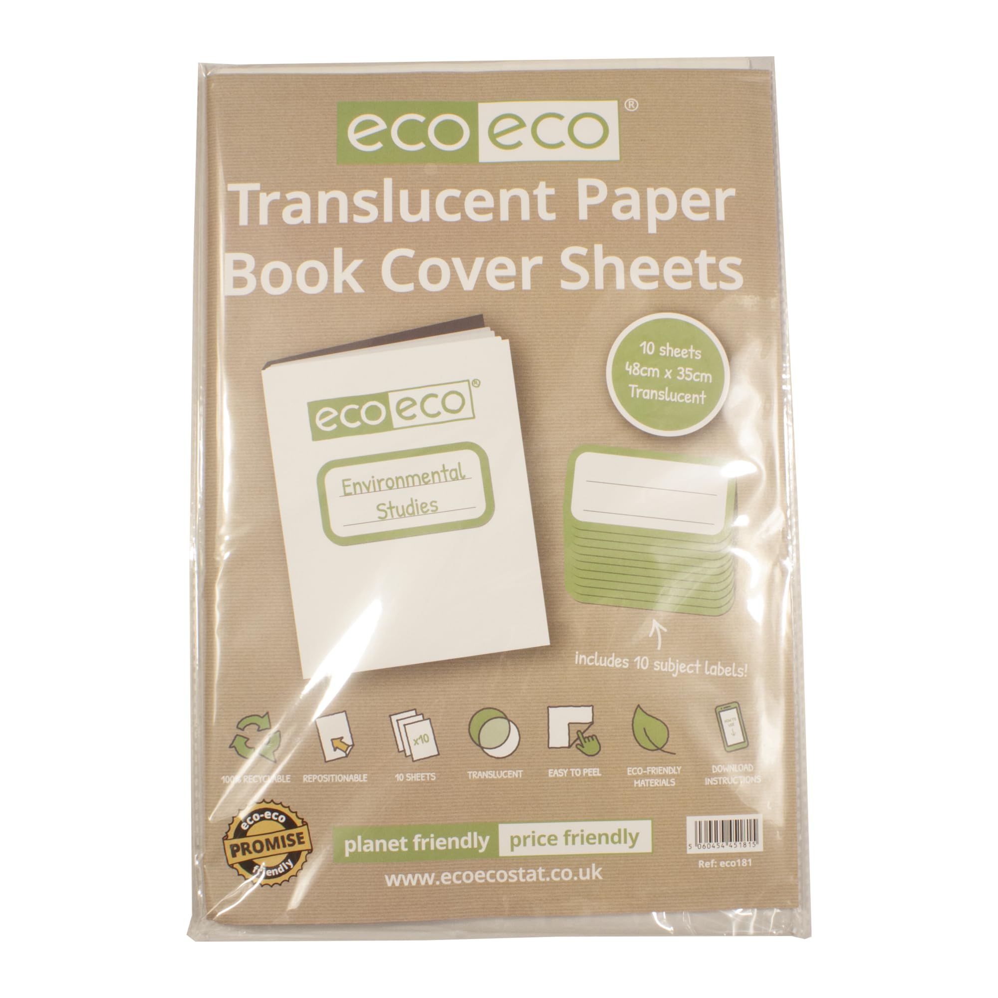 eco-eco Translucent Self Adhesive Paper Book Cover Film Sheets Pack of 10, 48x35cm