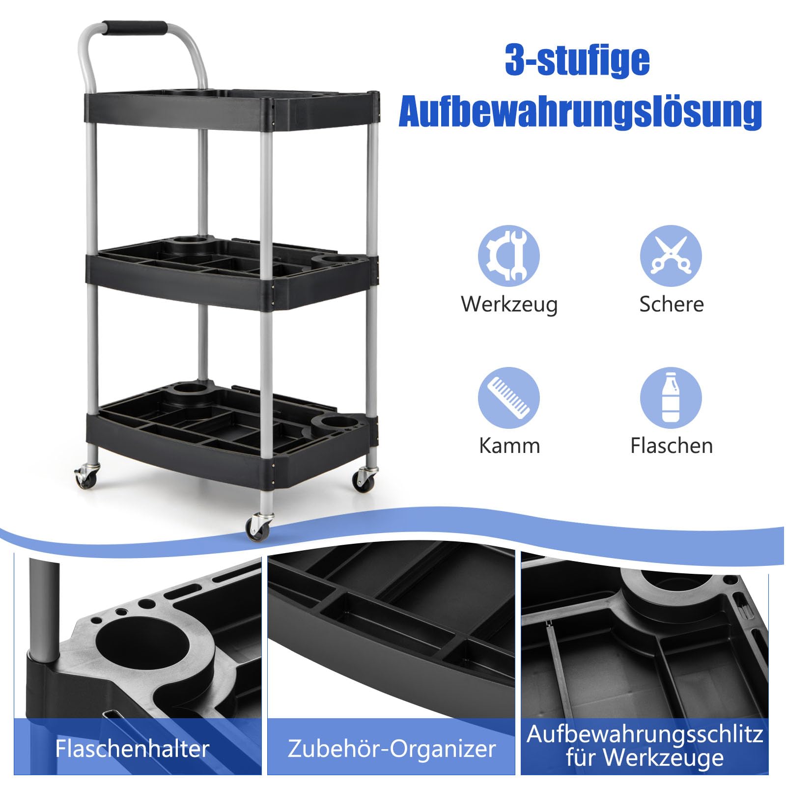 GYMAX Rollwagen, Werkzeugwagen mit 3 Ebenen, Werkstattwagen mit Griff, Werkzeugschlitzen & Universalrädern, robuster Aufbewahrungswagen für Garage & Werkstatt