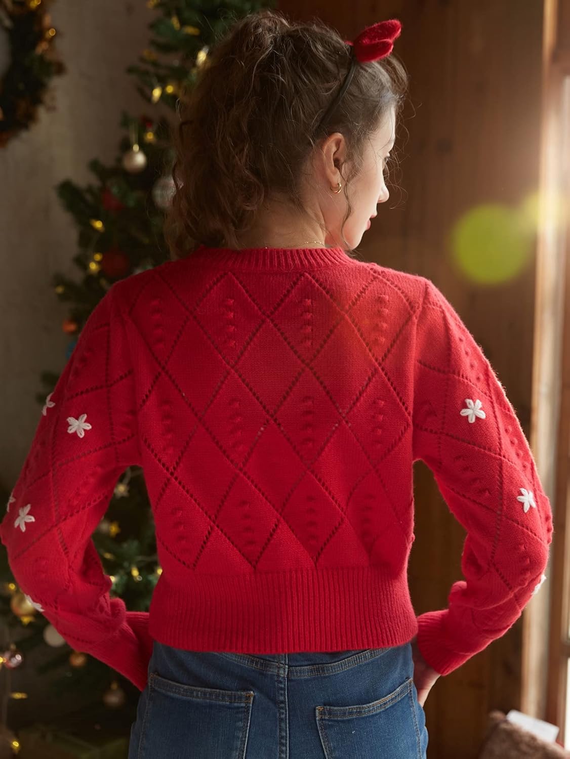 BEDAW Women's Sweater Floral Embroidery Sweater Sweater for Women (Color : Red, Size : Small)