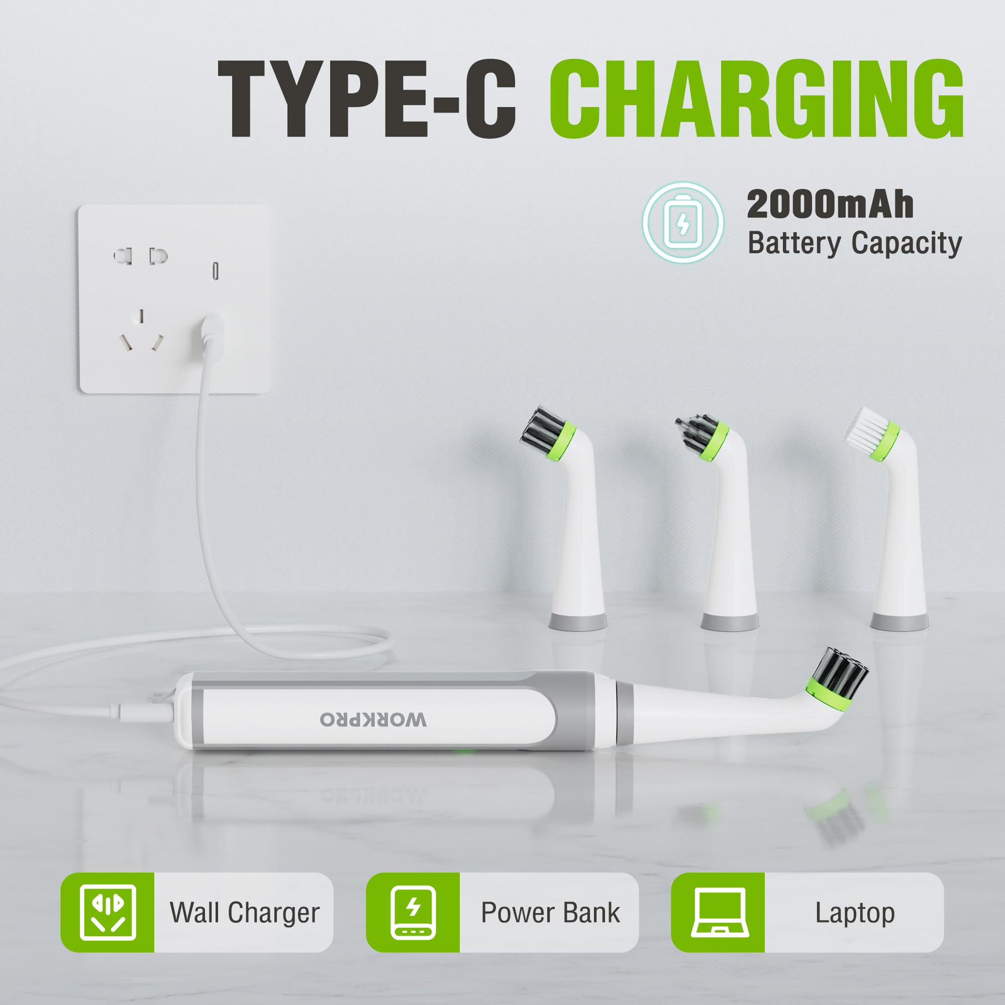 WORKPRO Zestaw szczotek do czyszczenia szczelin elektrycznych, 5500 obr./min, wodoodporna elektryczna myjka IPX6, z kablem do ładowania USB-C i 4 wymiennymi głowicami szczotkowymi do czyszczenia