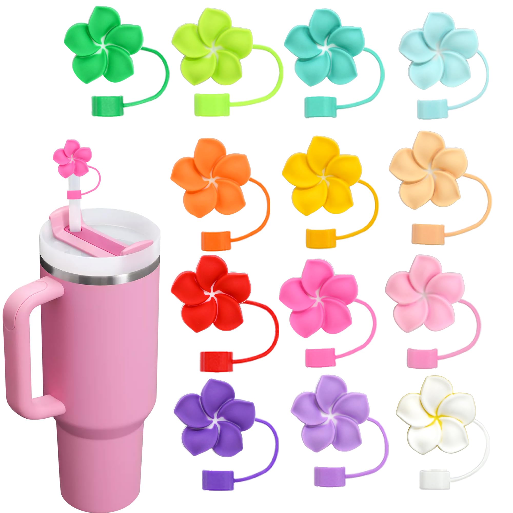 Paquete de 13 tapas de paja de flores para vasos, 10 mm, lindo polígono a prueba de polvo para botellas de agua, vasos Stanley, accesorios, regalos para mujeres, recuerdos de fiesta