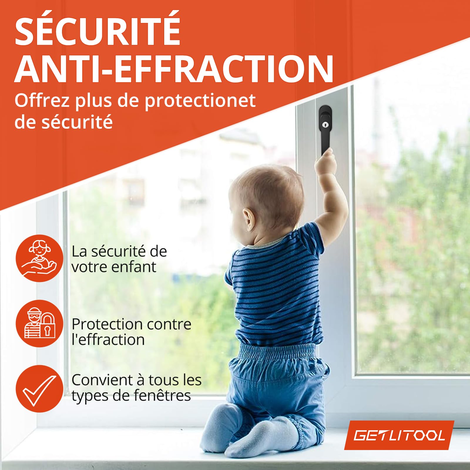GETLITOOL Poignées de fenêtre verrouillables 35 mm Aluminium avec clés, sécurité Enfant, Noir