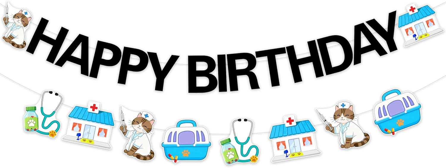 Jollyboom Veterinary Birthday Decorations, Vet Med Happy Birthday Banners for Veterinary Technician Appreciation Animal Dog Cat Girl Boy Women Man Party