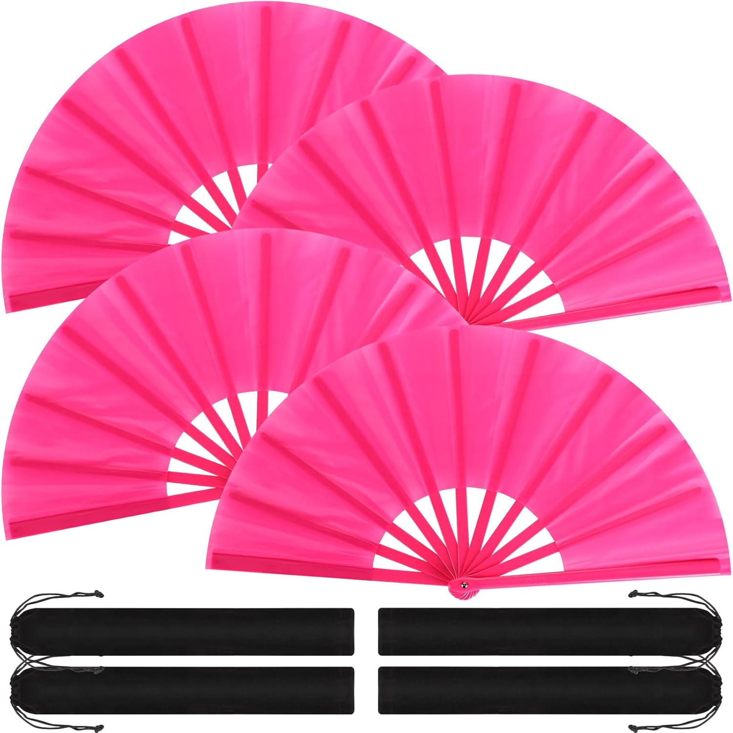 Blulu 4 Pcs Large Folding Fans Bulk with 4 Fan Sleeves, Chinese Kung Fu Hand Clack Rave Fans for Line Dancing, Festival, Party Decor and Performance(Classic Style,Rose Red,13 Inch)
