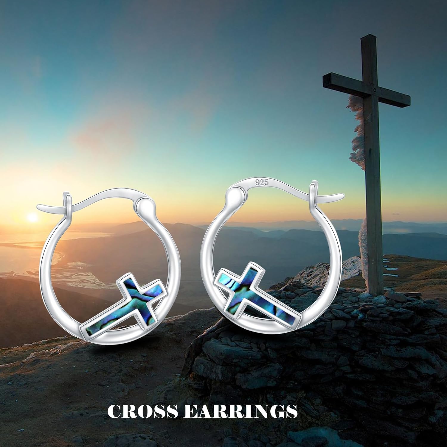 Silver Cross Hoop Earrings for Women 925 Sterling Silver Abalone Cross Earrings Cross Religious Jewelry Gifts for Women Girls