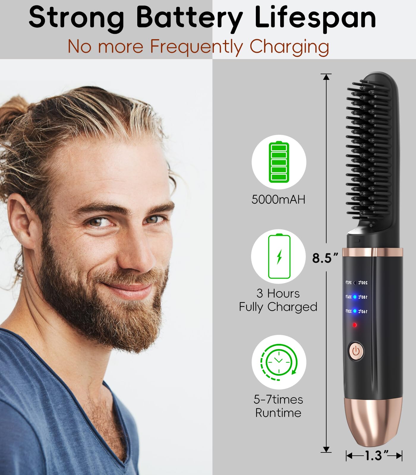 Cordless Beard Straightener for Men Travel 30s Quick Heat 5000mAh Rechargeable Beard Brush with 3 Temp. (max 200°) Anti-Scald - Image 3