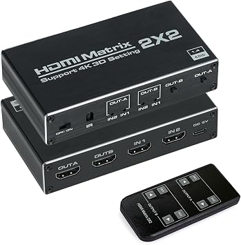 HDMI Matrix 2x2, HDMI Matrix Switch 2 in 2 Out Switcher Splitter Box with IR Remote Control, Support Ultra 4K@60Hz YUV 420, 4K@30Hz, 3D, 1080P,HDMI 1.4, HDCP 1.4