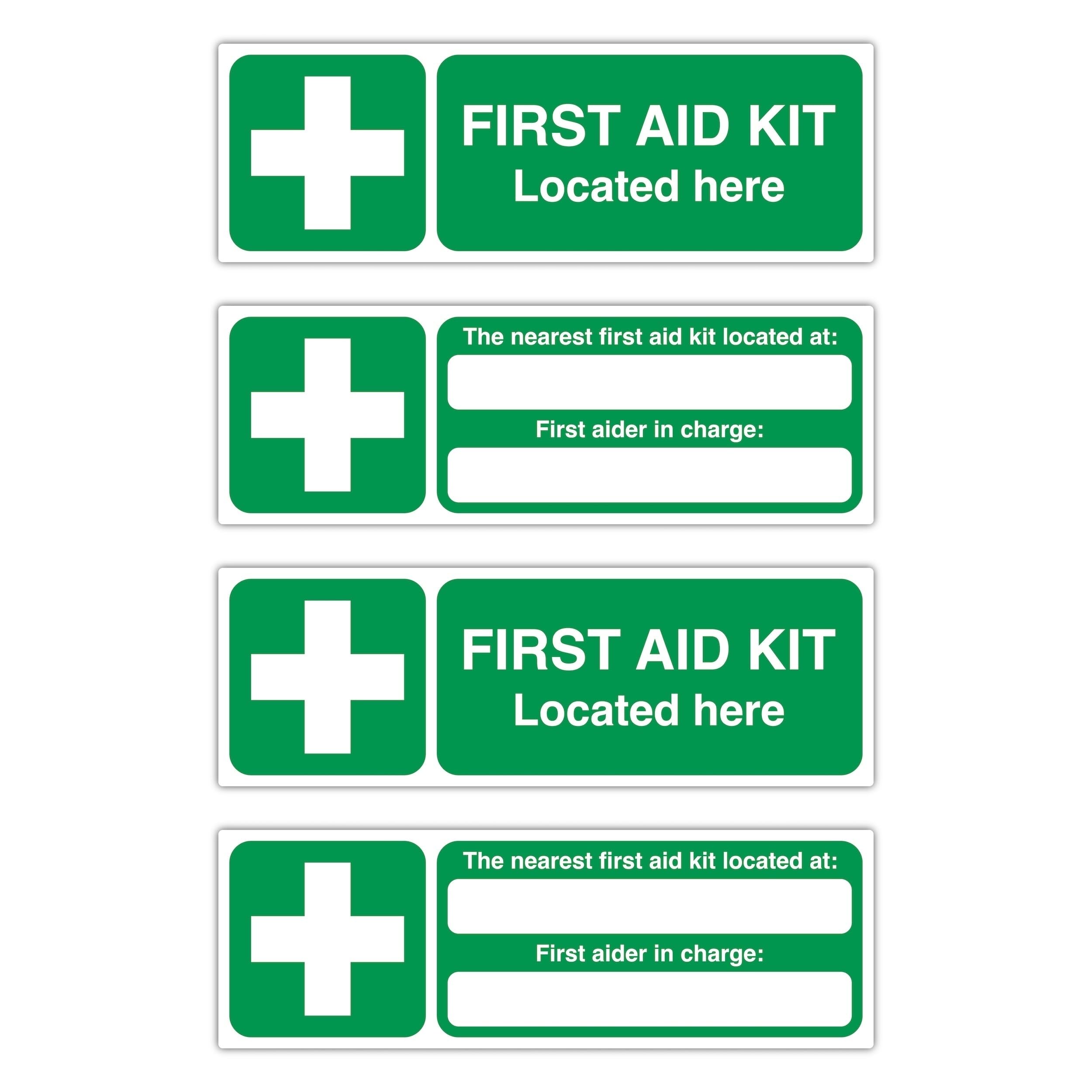 4 Pack First Aid Safety Signs 300x100mm – 2 x First Aid Kit Located Here & 2 x The Nearest First Aid Kit Located At/First Aider In Charge – Self Adhesive Polypropylene Labels & Stickers