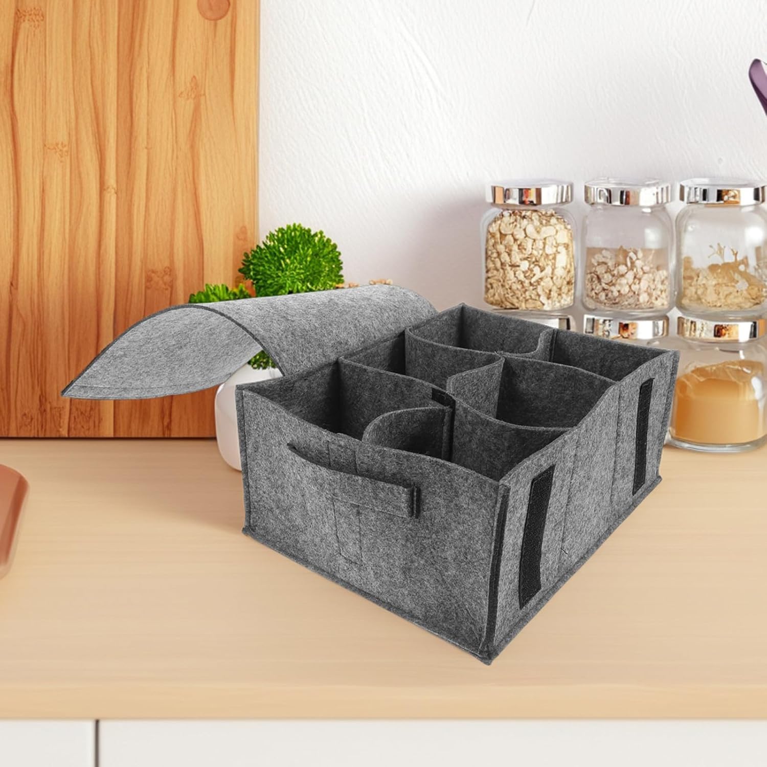 Portable Felt Cup Storage Organizer Box with 6-grid Multicompartment Design, Versatile Use Felt Case Preventing Collisions for Tableware and Mugs, for Camping and Travel