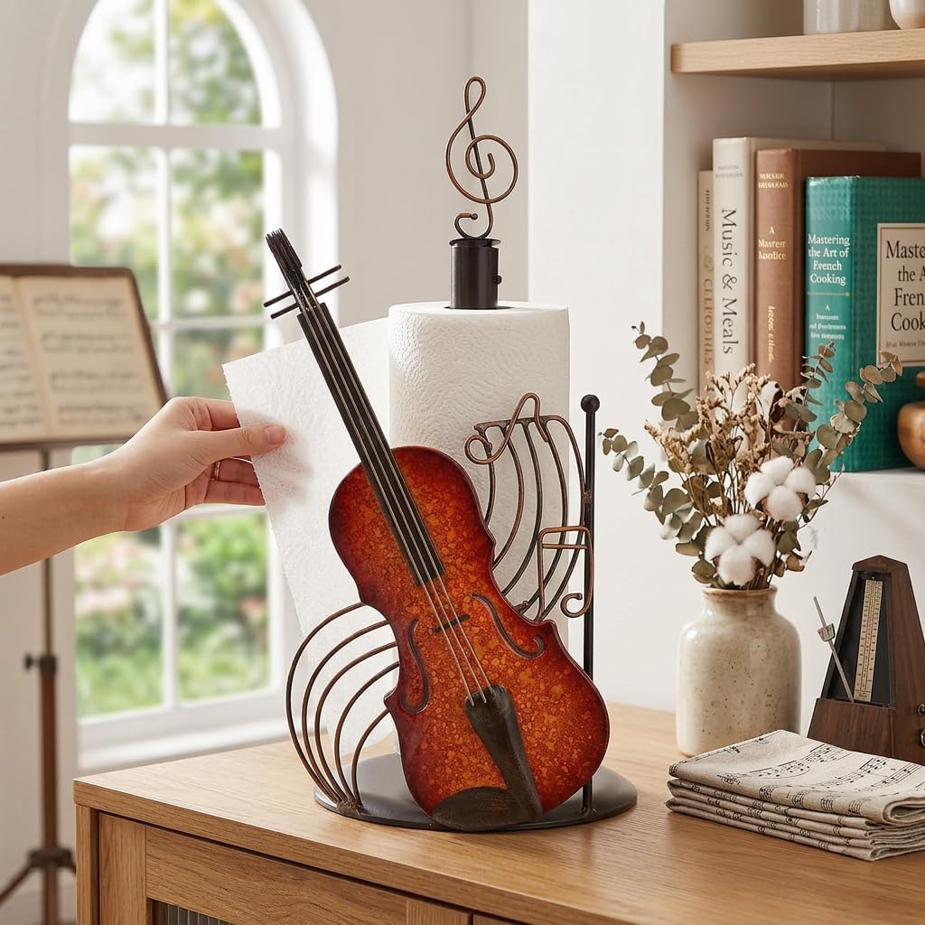 Violin Paper Towel Holder | Iron Roll Container for Kitchen Countertops | Stable Secure Base with Musical Note Decor | Elegant Tissue Stand for Home/Office/Bathroom