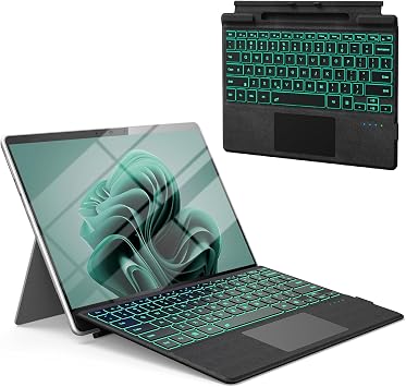 Surface Pro Bluetooth Keyboard for Microsoft Surface Pro 11/10/9/8/X 13", 7 Color Backlits Wireless Type Cover with Multi-Touch Trackpad & Pen Holder, Magnetic USB-C Rechargeable Slim Keyboard, Black
