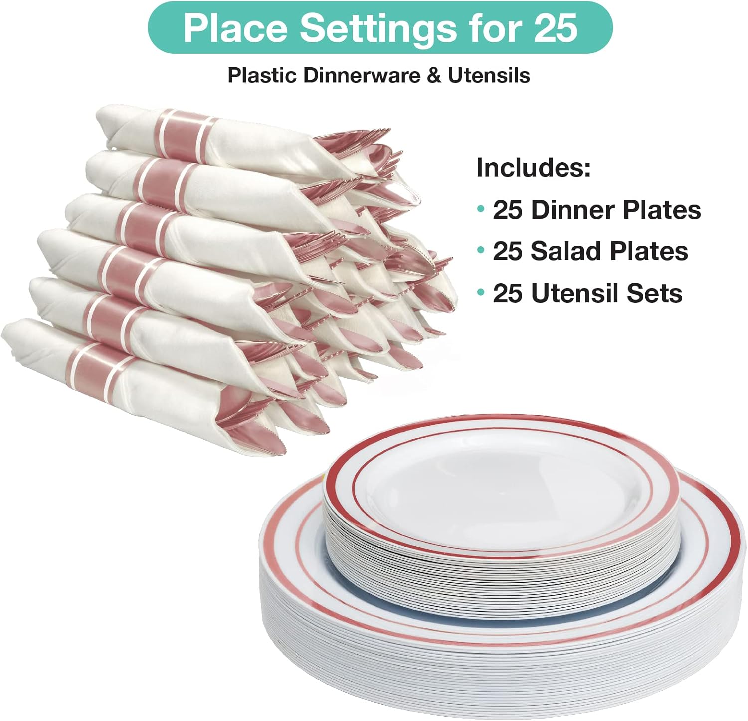 Pre Wrapped Cutlery Set- 25 sets of Fork, Knife, Spoon wrapped in a napkin - 25 Small Plates- 25 Big Plates (Silver)