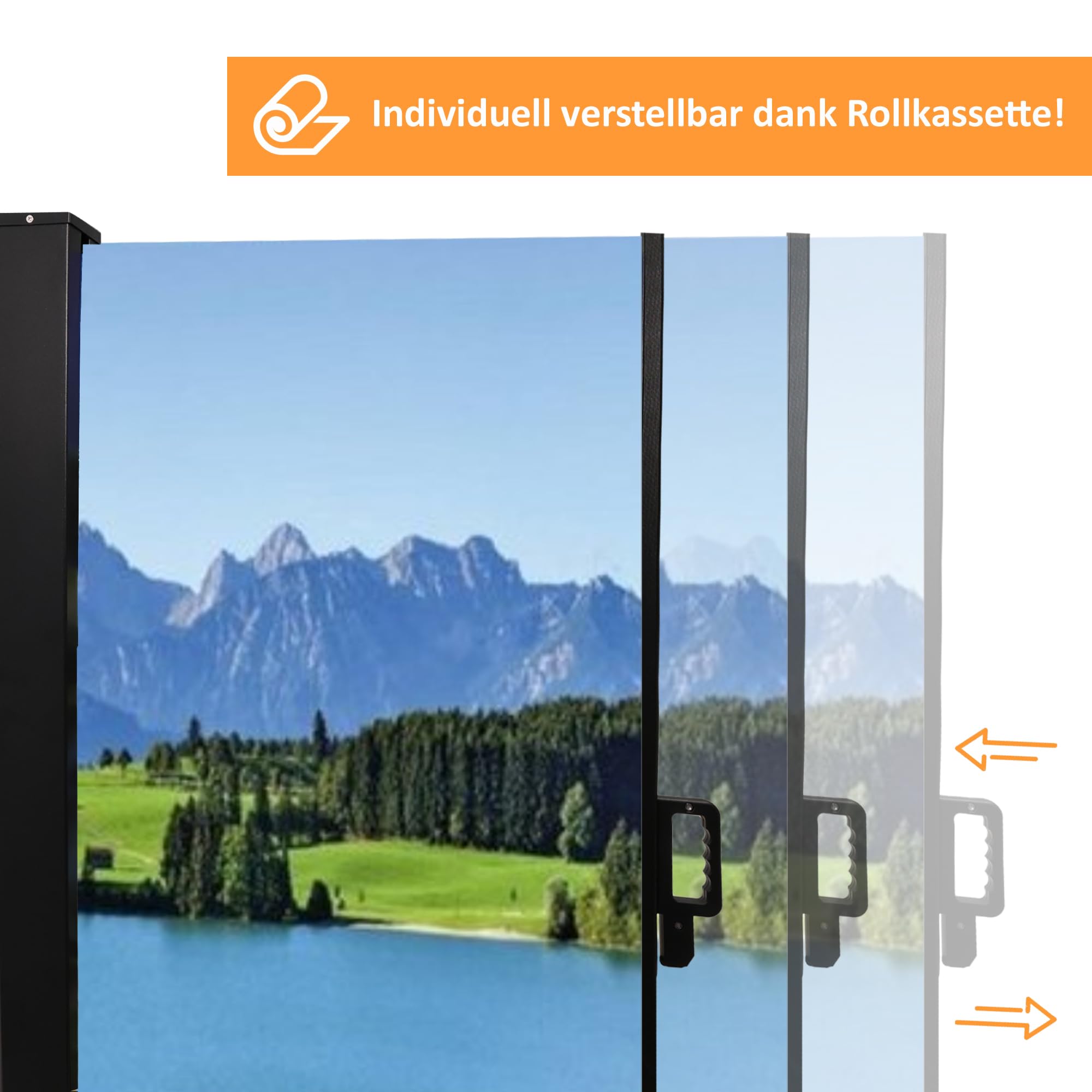 Seitenmarkise mit Fotodruck Berge - Auszug Links - Bildmotiv rechts