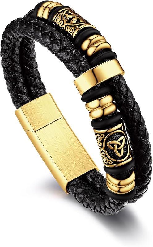 Men's Black Double Wax Rope Bracelet Waterproof Stainless Steel Norse Style Celtic Knot Beads Wristband 7-9 Inch Gift for Men Father Husband Son Grandson